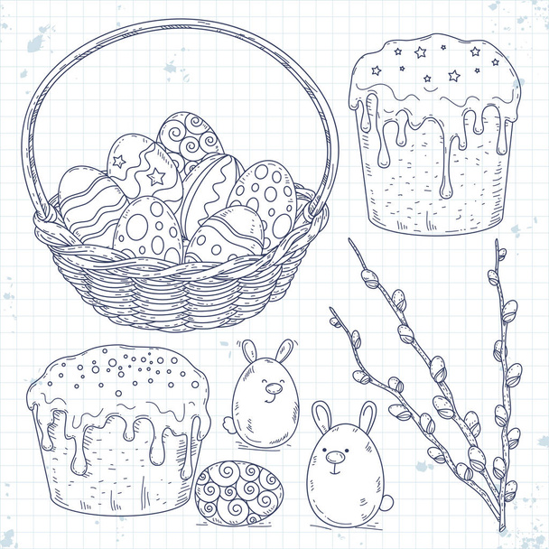 Húsvét sütemény, festett tojások egy kosár és a fűzfa ág - Vektor, kép