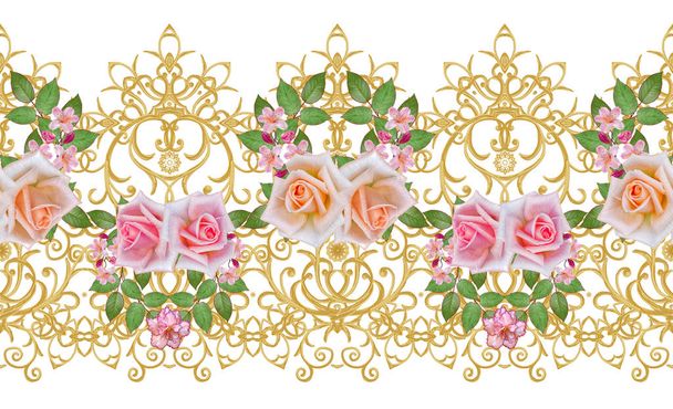 Garland, bouquet of delicate orange roses, bright pink flowers. Seamless pattern. Golden textured curls. Oriental style arabesques. Brilliant lace. Openwork weaving delicate. - Foto, Imagen