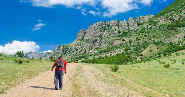 Caminante solitario en el camino remoto al Valle de los Fantasmas en las montañas de Crimea
 - Foto, imagen