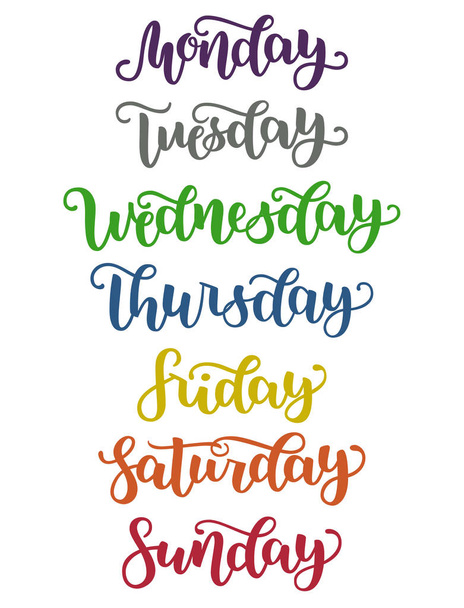 Lettering Days of Week Sunday, Monday, Tuesday, Wednesday, Thursday, Friday, Saturday. Modern Colorful Calligraphy Isolated on White. Vector illustration. Brush ink handlettering for schedule. - Vector, Image