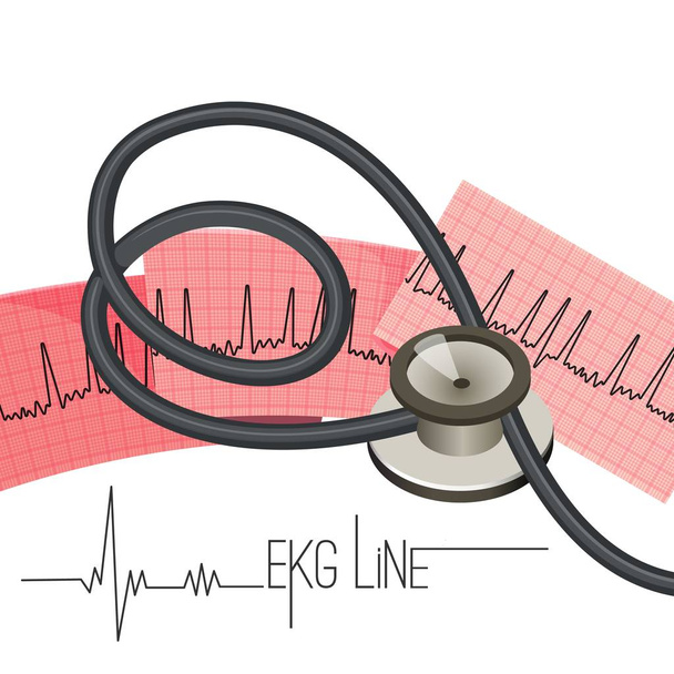 ekg line auf langem Papierbogen und medizinischem Stethoskop - Vektor, Bild