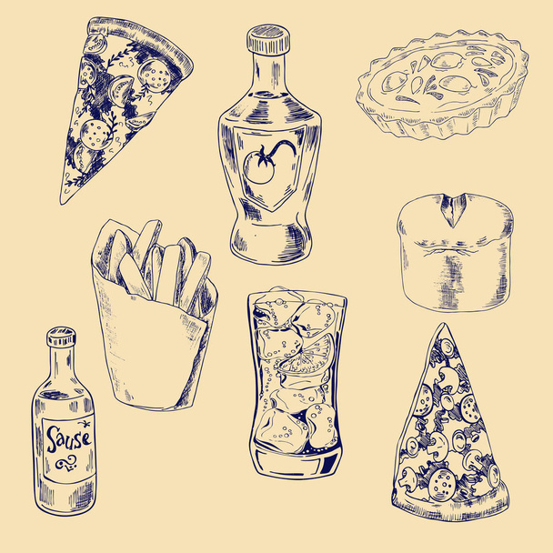 Conjunto de piezas de pizza, refrescos, papas fritas y botellas de salsa. Ilustración vectorial dibujada a mano
. - Vector, Imagen