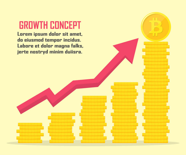 Bitcoin-Wachstumskonzept. Illustration der Bitcoin-Einnahmen. Stapel von Goldmünzen wie Einkommensdiagramm mit Bitcoin - Vektor, Bild