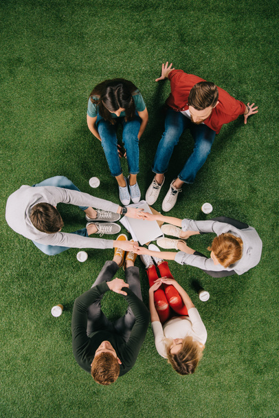 overhead view of business partners holding hands and sitting with another colleagues on grass - Fotó, kép