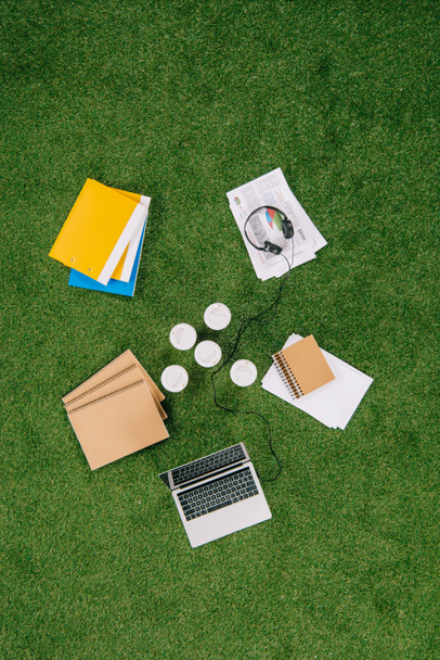Vue du dessus des objets d'affaires et des fournitures de bureau posés sur un tapis d'herbe verte
  - Photo, image