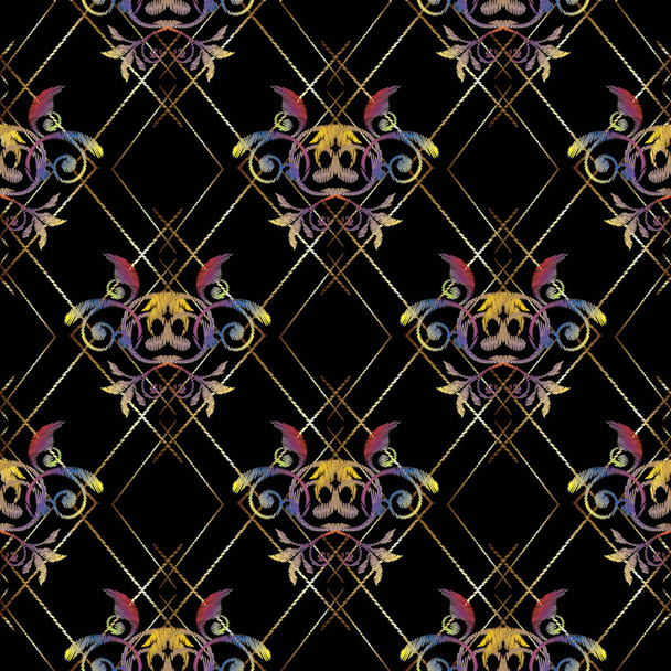 Check lattice embroidery baroque seamless pattern. Vector floral - Vetor, Imagem