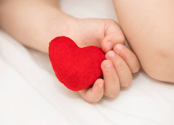 Toddler trzyma czerwone pluszowe serce. Zbliżenie - Zdjęcie, obraz
