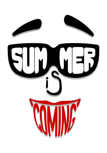 face in sunglasses with inscription Summer coming. Poster - Vector, Image