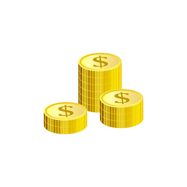 Isometrische Golddollar-Münzen in einem Haufen isoliert auf weißem Hintergrund. - Vektor, Bild