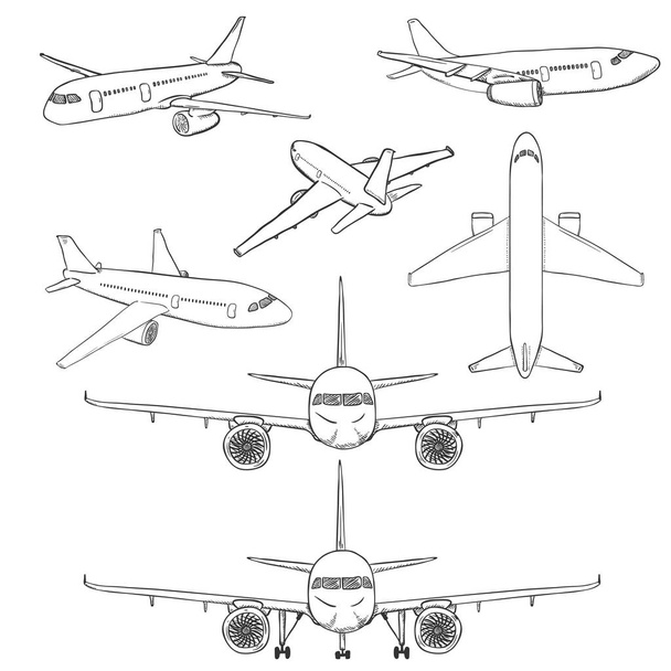Векторный набор самолетов-эскизов. Самолеты гражданской авиации. Вид сбоку, спереди, сзади и сверху. - Вектор,изображение