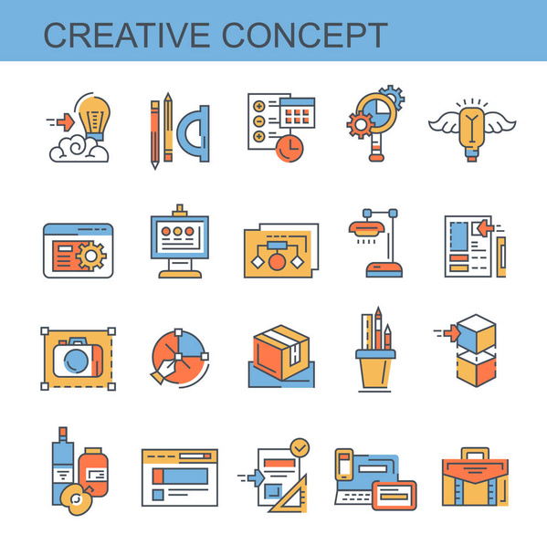 Creative concept. Set of flat, vector, linear icons. Concept. Seth contains icons such as web development, presentation, modeling and others. - Vector, Image