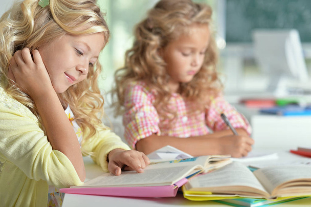 dvě krásné malé holčičky v třídy číst knihu a psaní na notebooku - Fotografie, Obrázek
