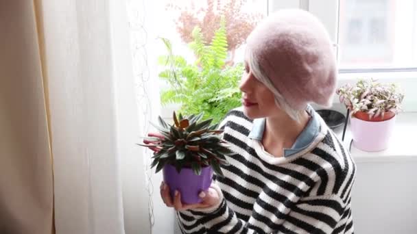 Jong meisje die pot met plant thuis in de buurt van een venster  - Video
