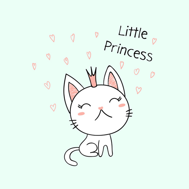 Hand drawn vector illustration of a cute funny little kitten in a crown, with text Little princess. Isolated objects on white background. Line drawing. Design concept for kids print. - Vector, Imagen