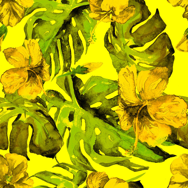Ακουαρέλα χωρίς ραφή πρότυπο. Χειροποίητη Εικόνα τροπικά φύλλα και λουλούδια. Τροπικός καλοκαίρι μοτίβο με ιβίσκο. - Φωτογραφία, εικόνα