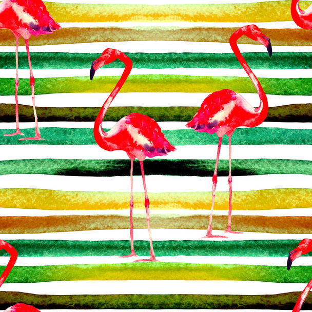 Watercolor Stripes Seamless Pattern with Flamingo. - Foto, afbeelding