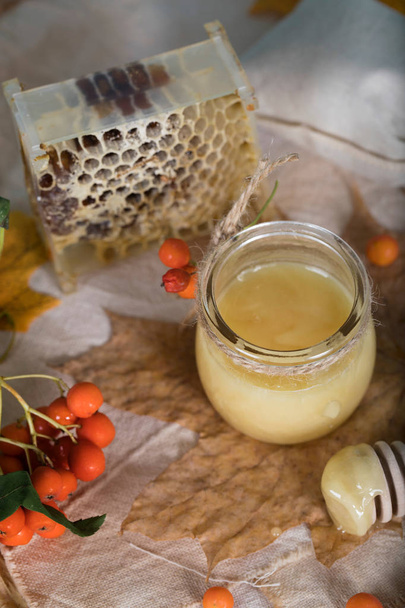 Rowan bogyókat, mézzel és a méhsejt a egy zsákvászon üveg. . - Fotó, kép