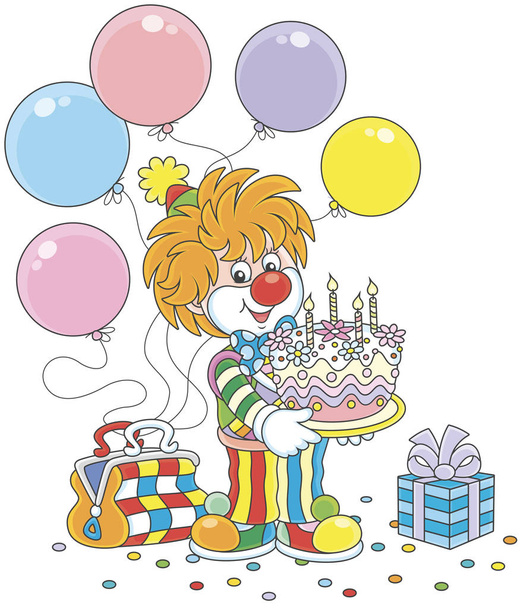 Friendly smiling circus clown in a colorful suit with a birthday cake, balloons and a gift, a  vector illustration in a cartoon style - Vektor, Bild