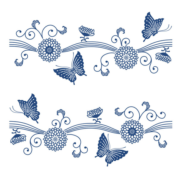 Modello floreale indaco blu stile giapponese con farfalle
 - Vettoriali, immagini