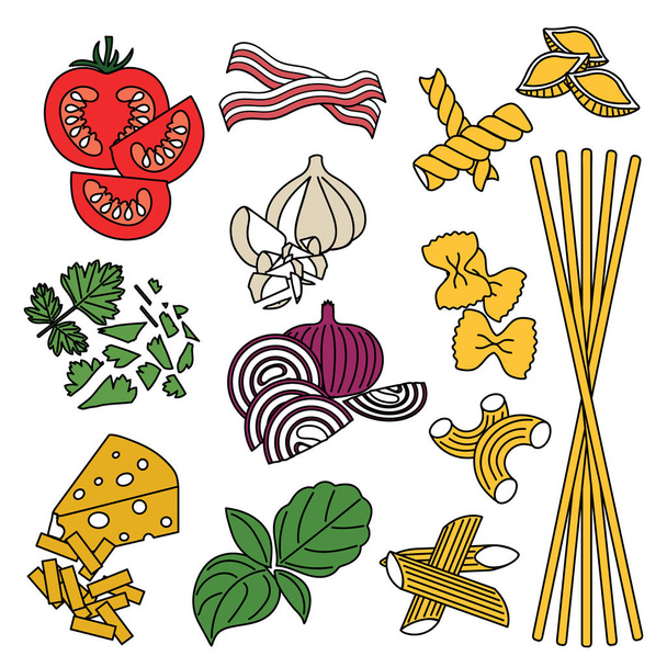 Set-Produkte. nahtloses Muster. Nudeln und Gemüse. Fertigzutaten. Petersilie, Basilikum, Speck, Zwiebeln, Knoblauch, Käse, Nudeln - Vektor, Bild