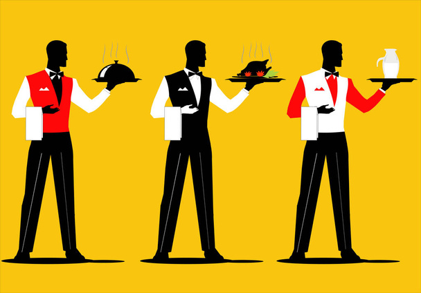 официант. Набор официантов, держащих поднос с различной униформой
 - Вектор,изображение