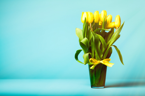 Tulipes jaunes sur fond bleu - Photo, image