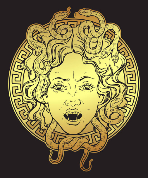 Medusa Gorgon testa d'oro su uno scudo disegnato a mano linea grafica disegno isolato vettoriale illustrazione. Gorgoneion è un amuleto protettivo
. - Vettoriali, immagini