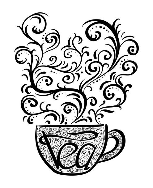 Xícara preta e branca com letras de chá e vapor com padrão
 - Vetor, Imagem
