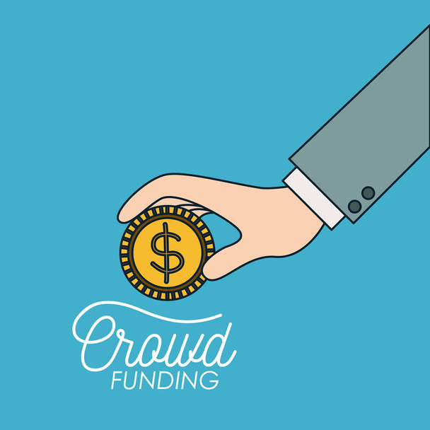 cartaz de financiamento multidão de mão com moeda em fundo azul
 - Vetor, Imagem