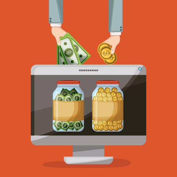 stolní počítač s úsporami láhev mincí a bankovek v obrazovce v oranžové pozadí - Vektor, obrázek