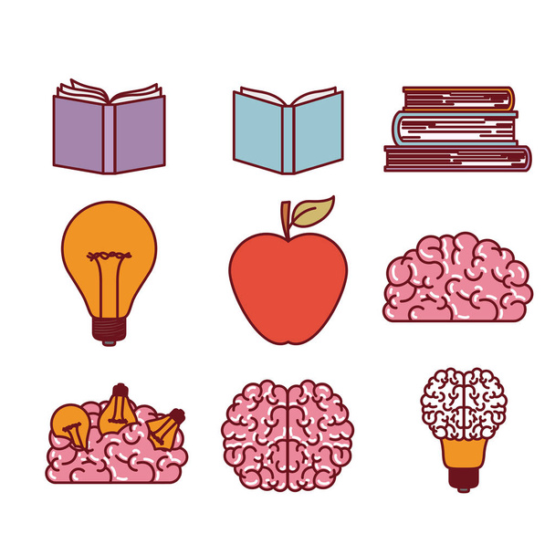 books brains lighbulb and apple silhouettes set in white background - Vector, Image
