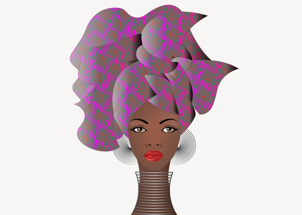 portrait de la jeune femme africaine dans un turban coloré. Wrap Afro fashion, Ankara, Kente, kitenge, robes de femmes africaines avec des bijoux ethniques. Style nigérian, mode ghanéenne. Vecteur isolé pour Imprimé, poster, t-shirt, carte
 - Vecteur, image