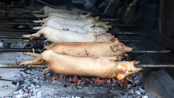Ruwe Lechon worden geroosterd in houtskool pit. Het is een gerecht van varkensvlees bereid tijdens festivals in regio's bijzonder Spanje en haar voormalige koloniën zoals de Filipijnen en Puerto Rico - Foto, afbeelding