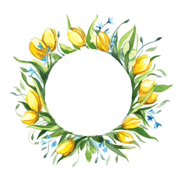 round frame bouquet of tulips isolate on white background - Photo, Image