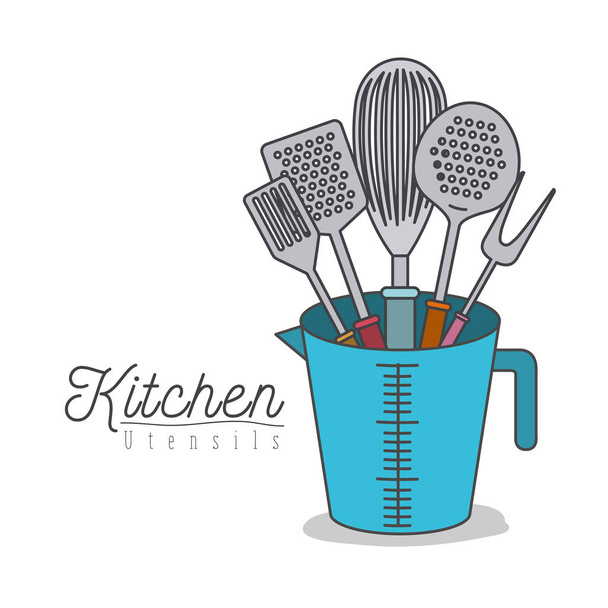white background with colorful set kitchen utensils in jar - Vector, Image