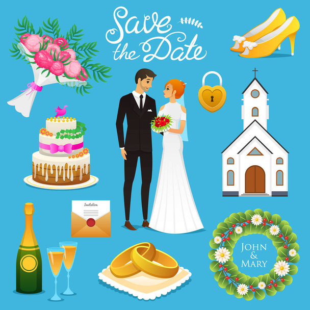 Bride And Groom. Wedding ceremony Set. Newlyweds icons. vector illustration. Married couple, summer. Vintage rustic cake and rings, bouquet, flowers and church, shoes and champagne, wreath and letter. - Vector, Image