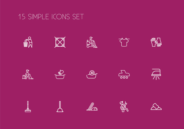 Csoportja, 15 szerkeszthető tisztító ikonok vonalstílust. Magában foglalja a szimbólumok, mint a szőnyeg, kesztyűt, ipari mosó- és több. Lehet használni a web, mobil, Ui és infographic design. - Fotó, kép