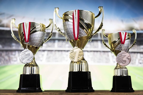 Award winning and championship concept, trophy cup on sport background - Photo, Image
