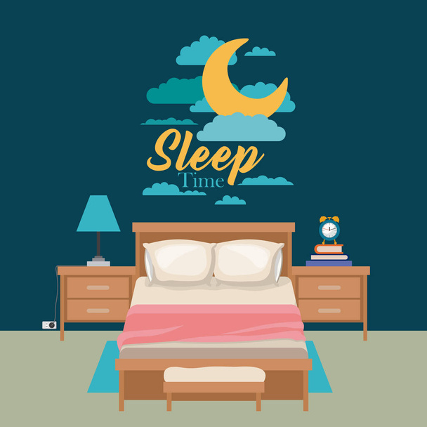 かわいいベッドルーム睡眠時間のカラー ポスター シーン夜の風景 - ベクター画像