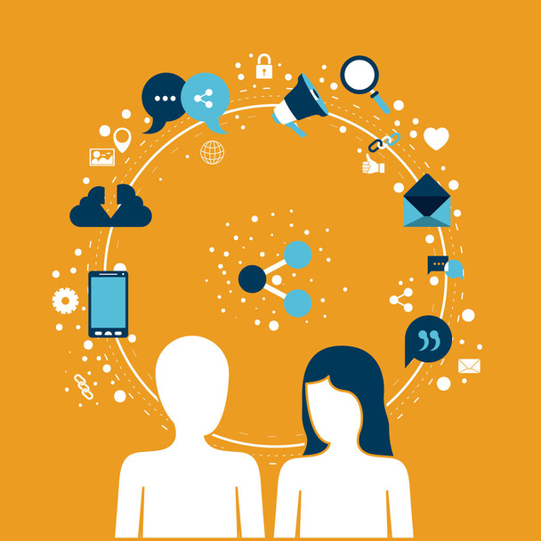 fondo de color de marco circular de iconos de Internet de tecnología y la gente social silueta masculina y femenina con símbolo de compartir
 - Vector, Imagen