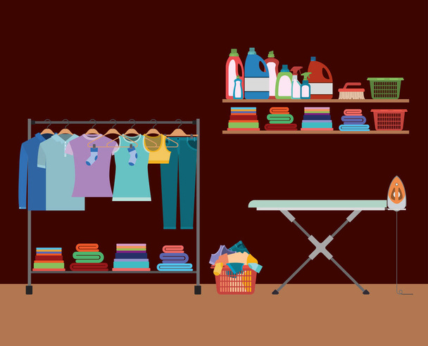 Cihlová zeď pozadí oblečení v ramínkách s stůl a žehlička a prvky domácího prádla - Vektor, obrázek