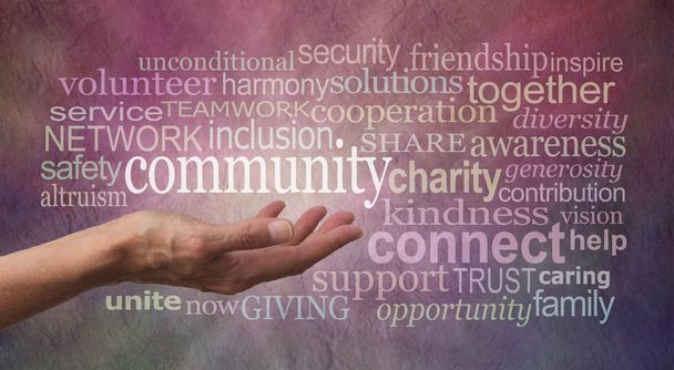 Get involved with your Community Word Tag Cloud - Female open palm hand against rustic stone effect burgundy purple  background with the word COMMUNITY floating above surrounded by a word tag cloud - Photo, Image