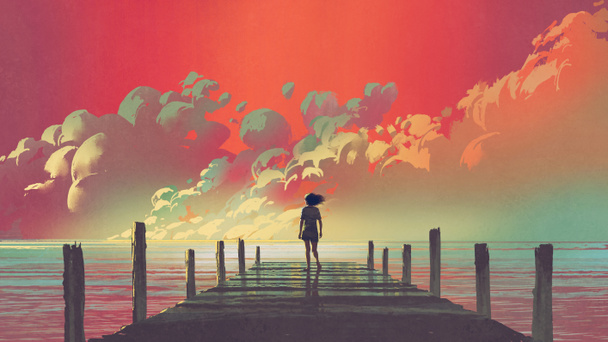 bellissimo scenario della donna in piedi da sola su un molo di legno guardando nuvole colorate nel cielo, stile arte digitale, pittura illustrazione
 - Foto, immagini