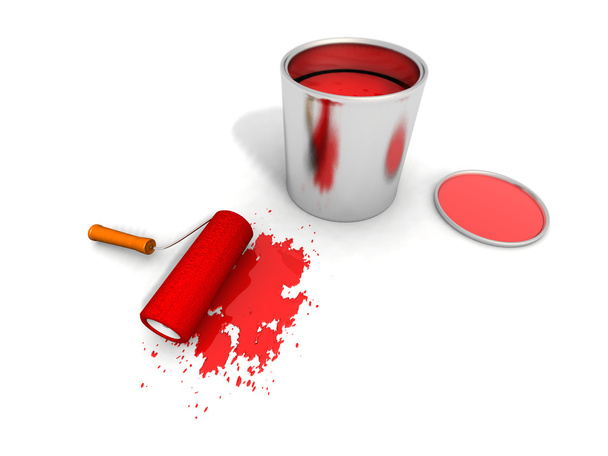 Rolo de pintura, lata de tinta vermelha e splashin
 - Foto, Imagem