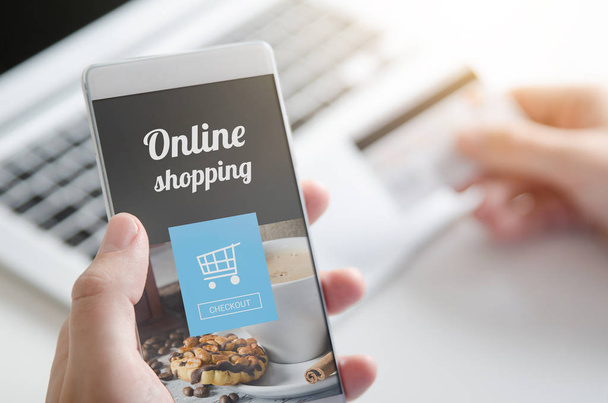 Using smartphone for online shopping. Credit card internet pay. - Fotoğraf, Görsel