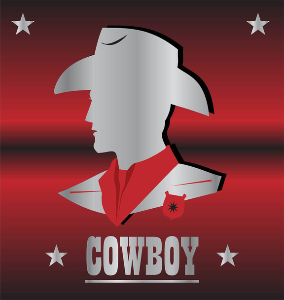 Cowboykopf. Silbernes Cowboy-Kopfprofil auf dem roten Metallic-Rücken - Vektor, Bild