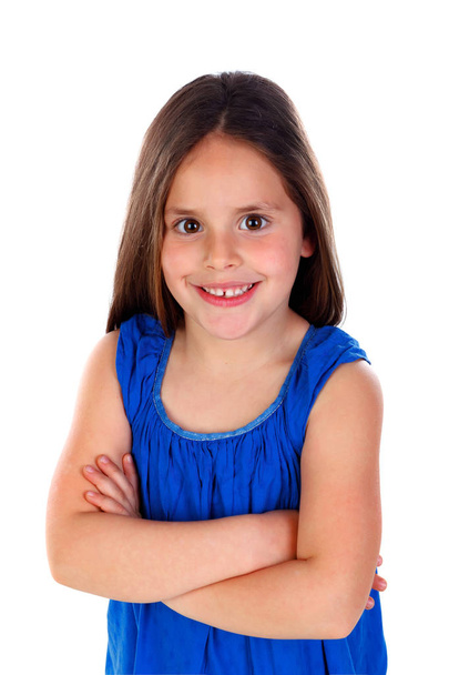 Onnellinen pieni tyttö poseeraa eristetty valkoisella taustalla
 - Valokuva, kuva