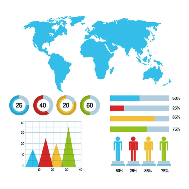 világ megjelenítése infographic demográfiai statisztikai grafikonok bárok diagram - Vektor, kép