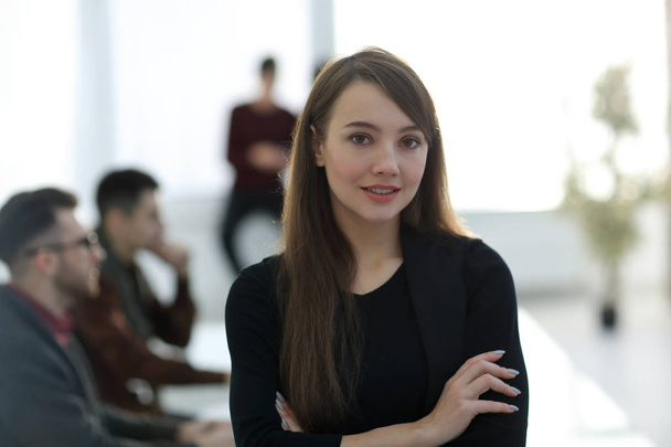 business woman on blurred background office - Zdjęcie, obraz