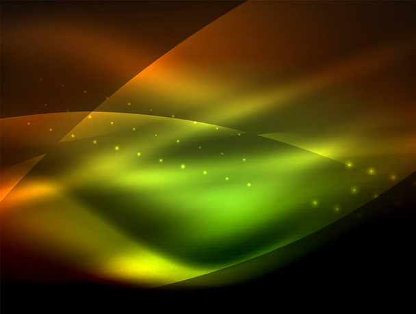 Neonwellen-Hintergrund mit Lichteffekten, geschwungene Linien mit glitzernden und glänzenden Punkten, leuchtende Farben in der Dunkelheit, magische Energie - Vektor, Bild